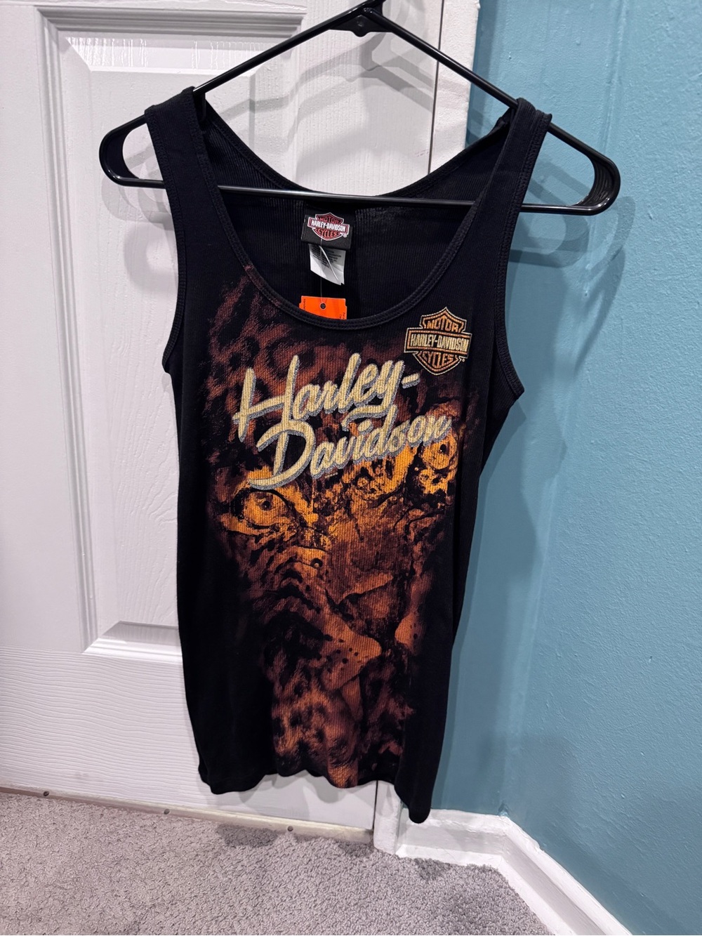 Harley-Davidson Black Tank with Orange Leopard Graphic